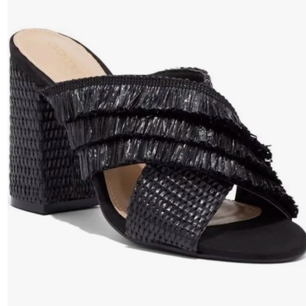 Eva Mendes for NY&Co. | Fringe Weave Block Heel Sandals | Black | 7